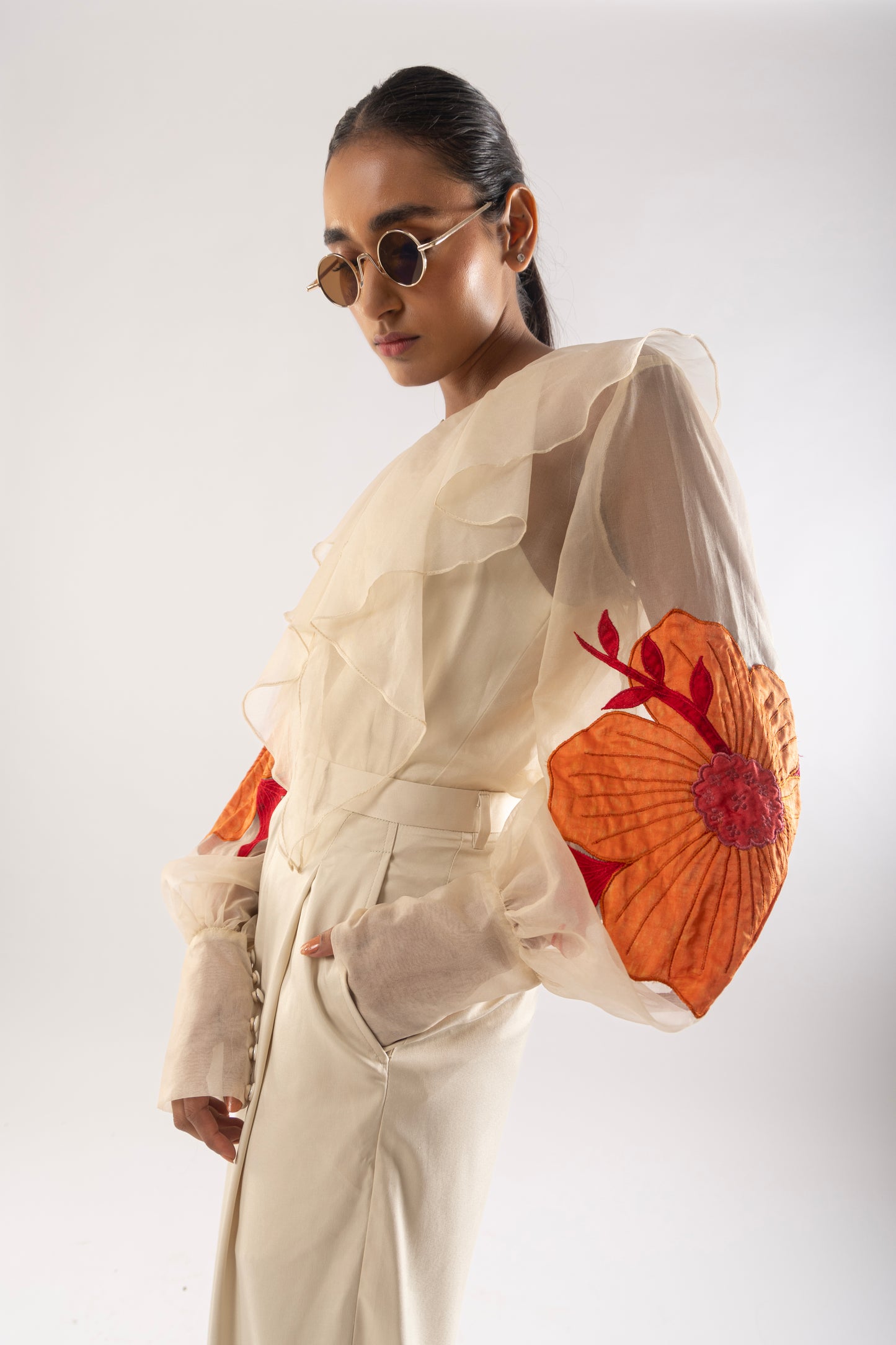 Ivory Ruffled Floral Embroidered co-ord Set