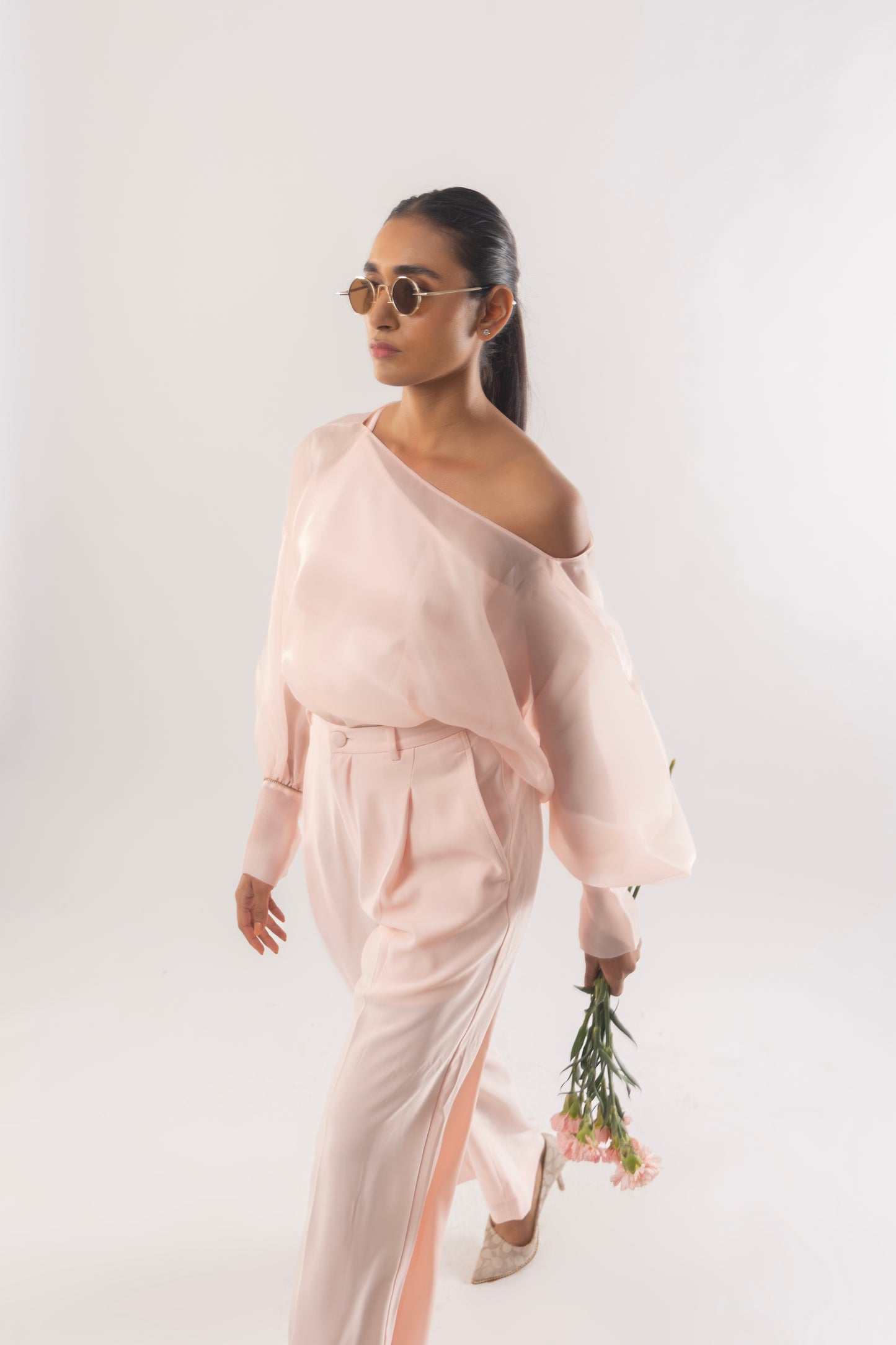 Blush Pink Asymmetrical Sheer co-ord Set