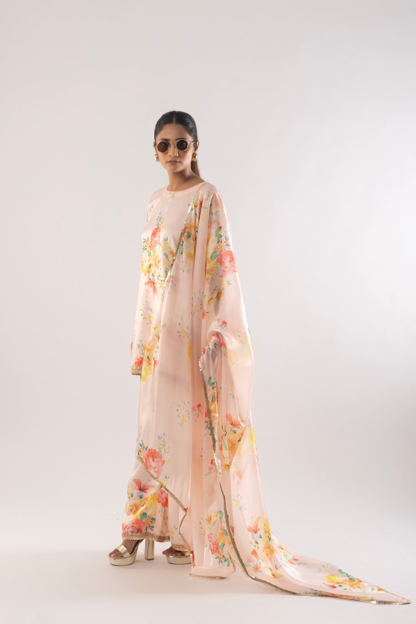 Elegant Floral Peach Satin Suit with Dupatta
