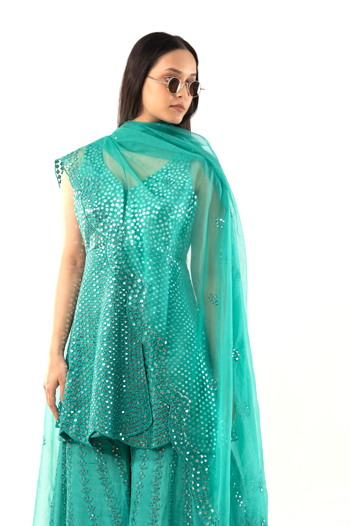 Elegant Mirror-Work Aqua blue Sharara Set