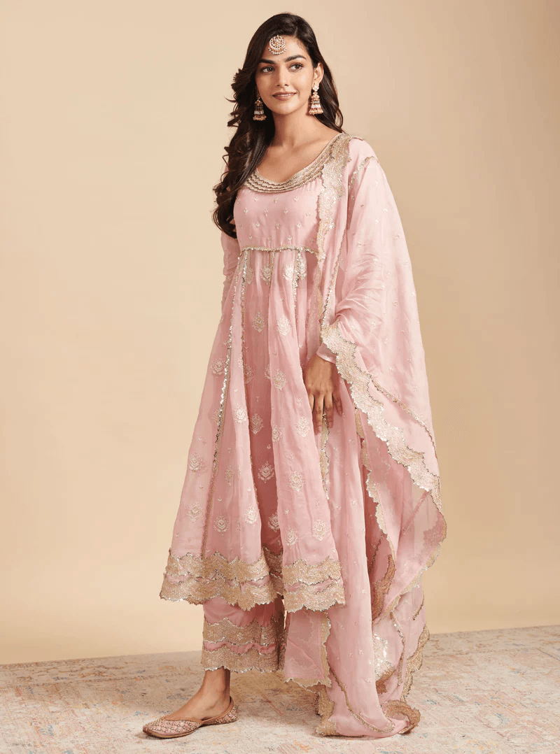 Organza Gulabo Pink Anarkali Kurta With Mulmul Cupro Gulabo Pink Pant