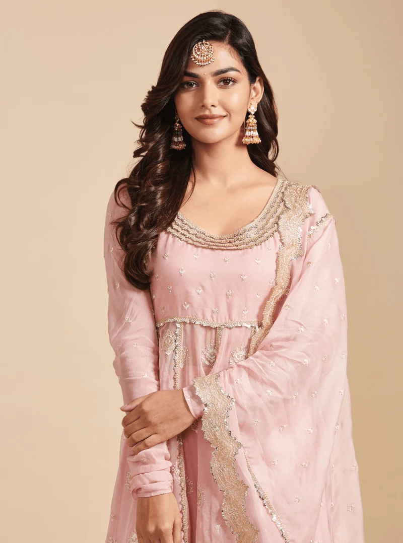 Organza Gulabo Pink Anarkali Kurta With Mulmul Cupro Gulabo Pink Pant