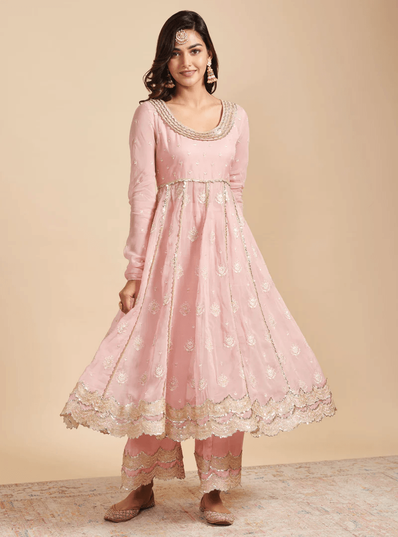 Organza Gulabo Pink Anarkali Kurta With Mulmul Cupro Gulabo Pink Pant