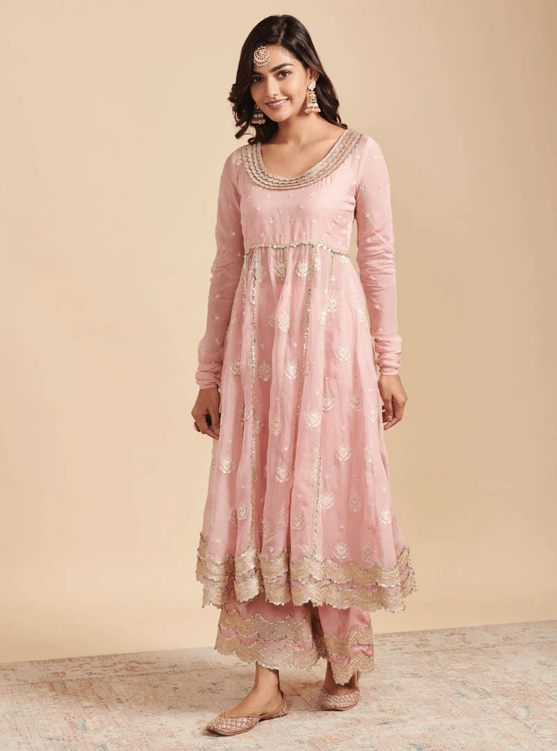 Organza Gulabo Pink Anarkali Kurta With Mulmul Cupro Gulabo Pink Pant