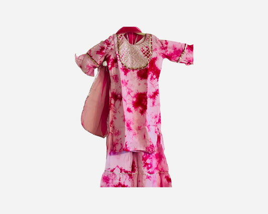 Pink Tie dye peplum kurta with duppata