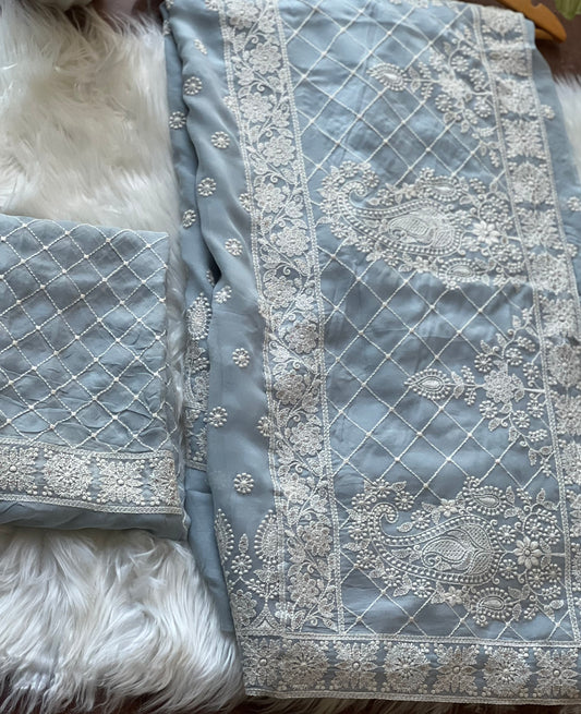 Baby Blue Chikankari Saree