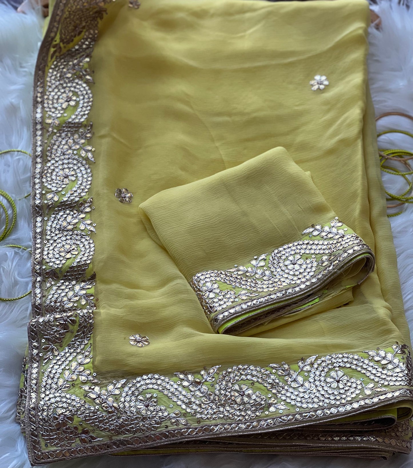 Lemon Yellow Gotta patti saree