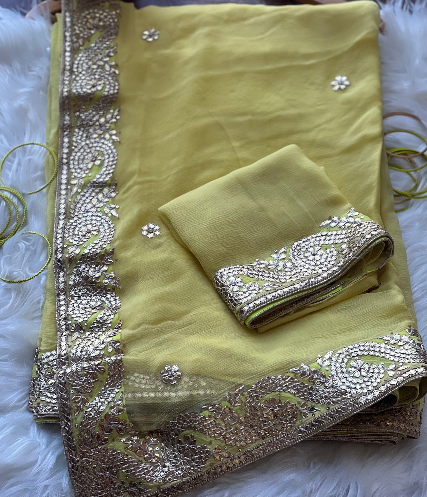 Lemon Yellow Gotta patti saree