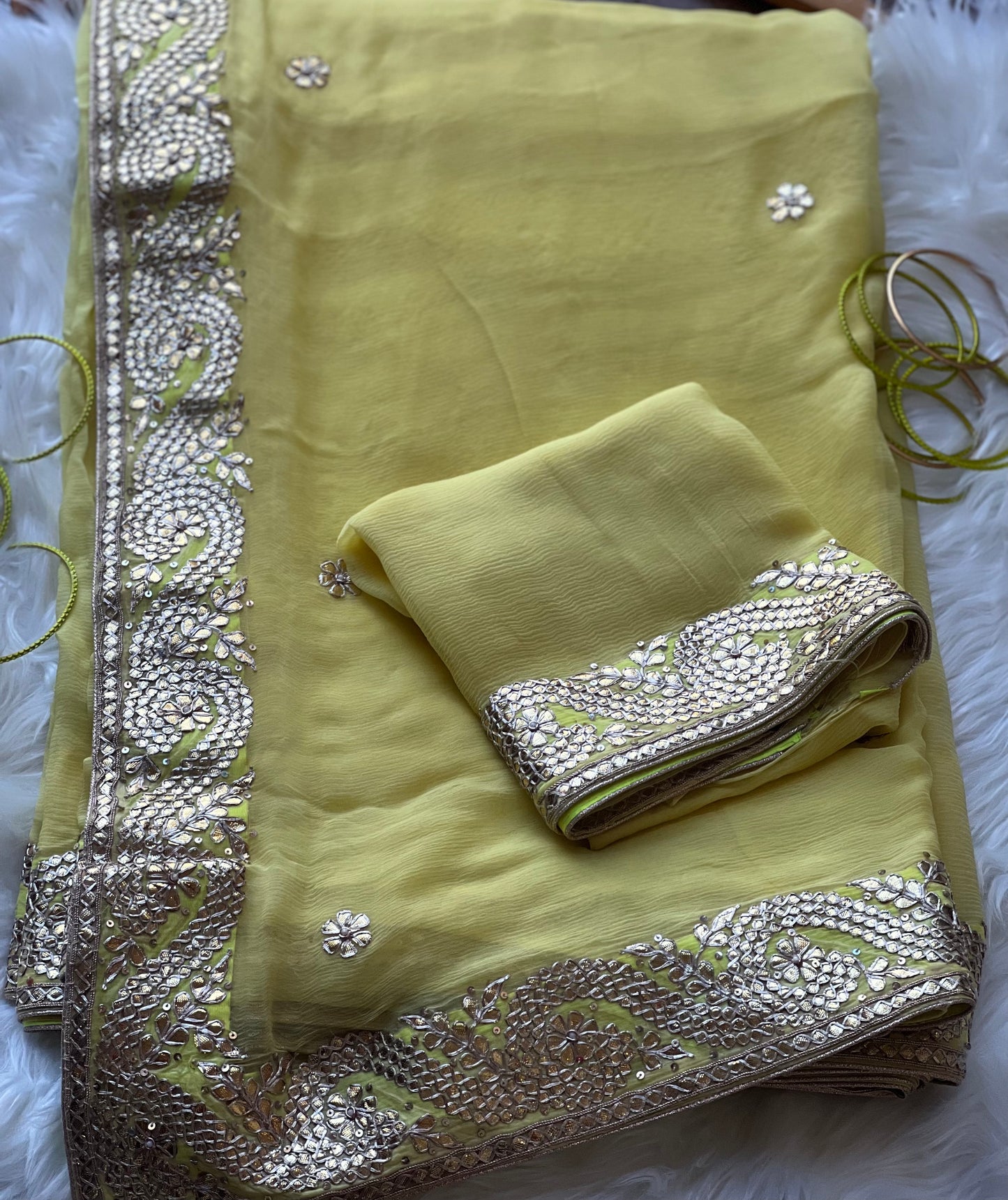 Lemon Yellow Gotta patti saree