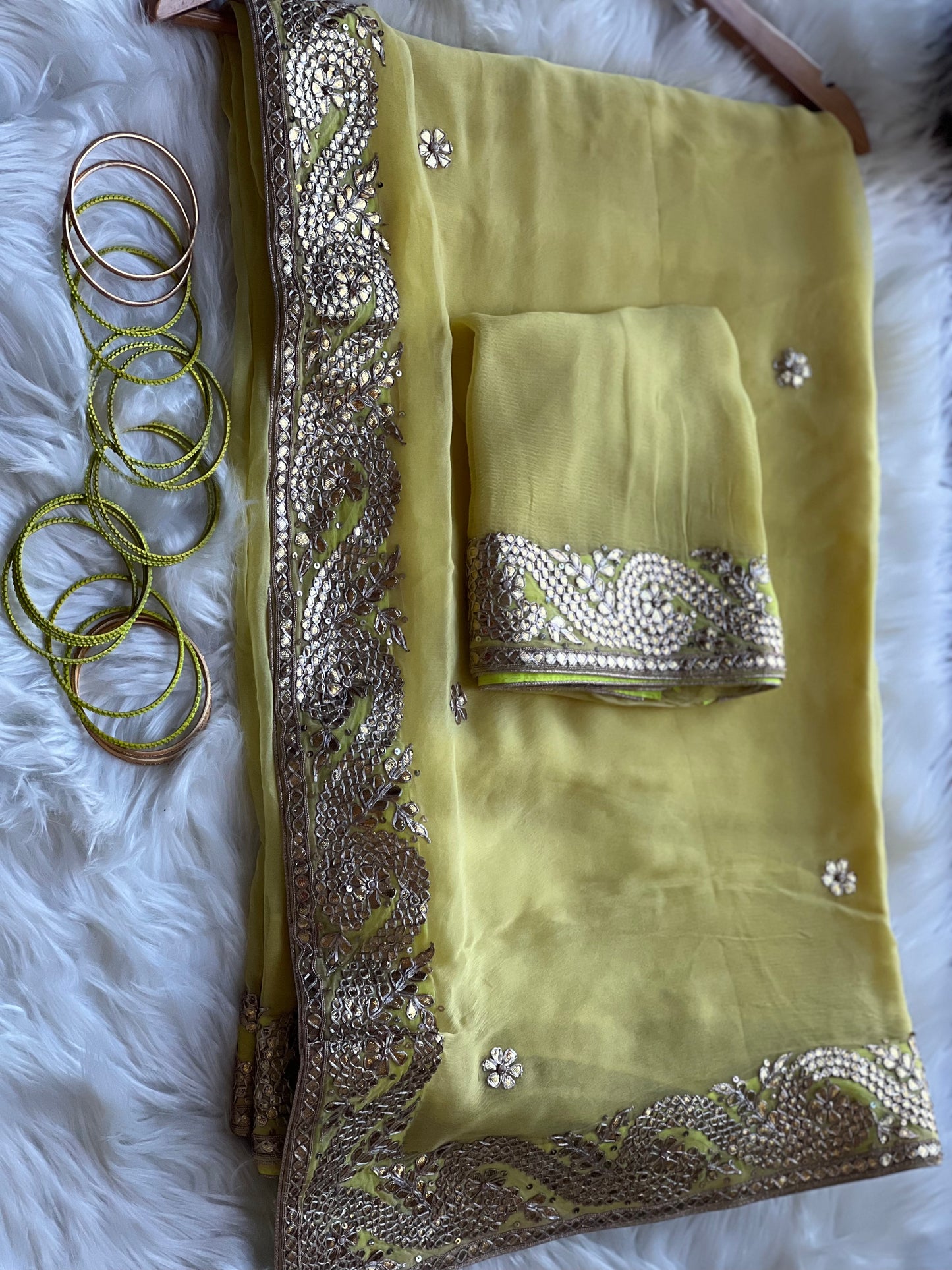 Lemon Yellow Gotta patti saree