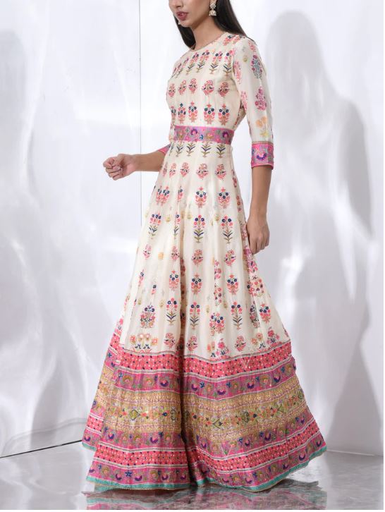 Ivory  Silk Printed Anarkali Gown