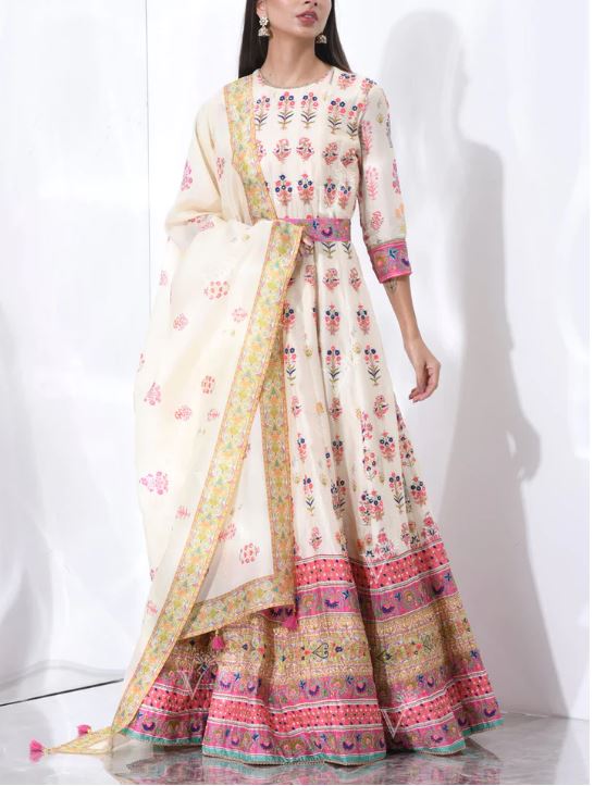 Ivory  Silk Printed Anarkali Gown