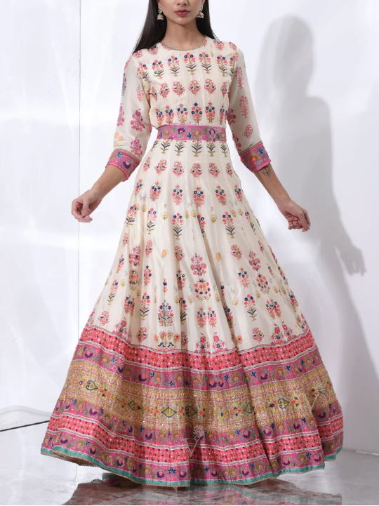 Ivory  Silk Printed Anarkali Gown