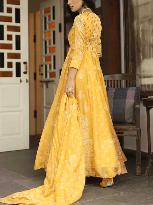 Yellow Silk Printed Anarkali Gown