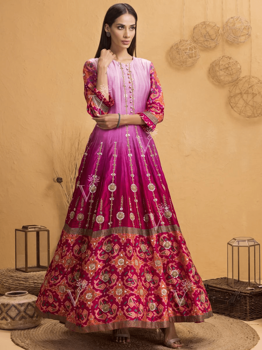 Handcrafted Pink Ombre Silk Patola Anarkali