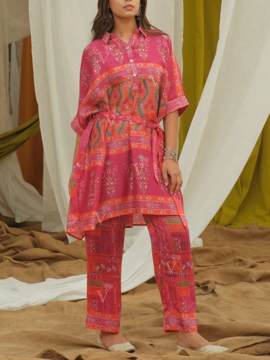 Pink Silk Kaftan Set